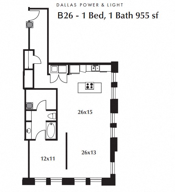 Floor plan for 1 bed, 1 bath, 955 sqft